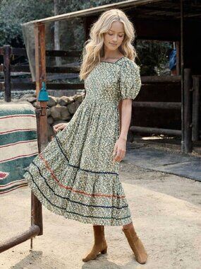 Doen Dune Dress Pomme et Poire Green Apple Midi Size XXL Puff Sleeve Cottagecore